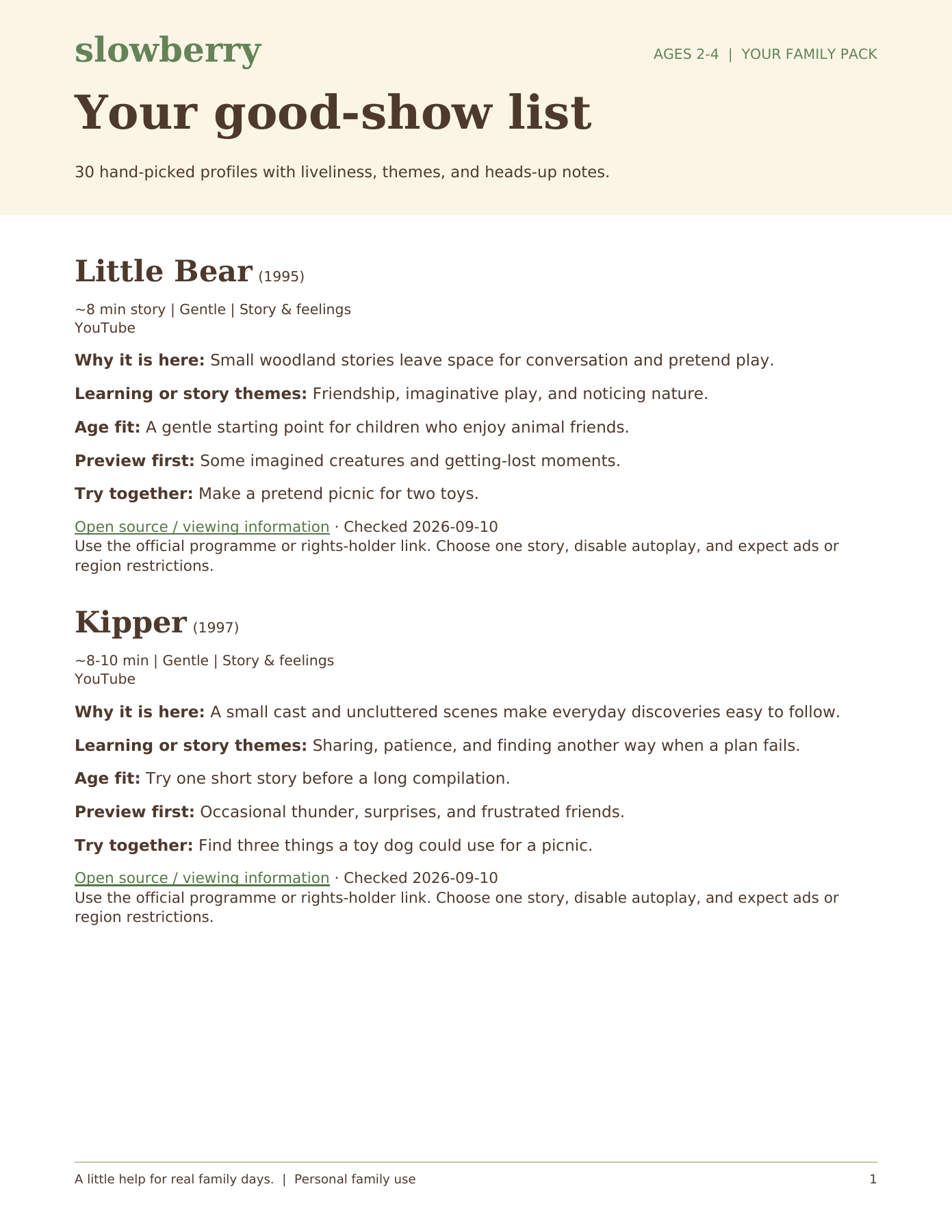 Actual first page of The full show list